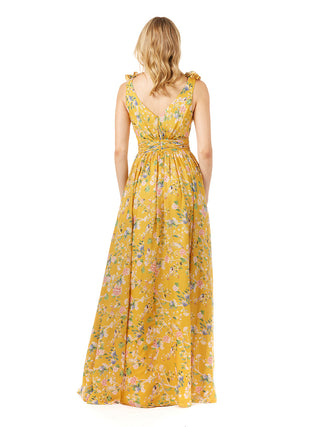 V-Neck Long Print Gown with Straps - By Baano