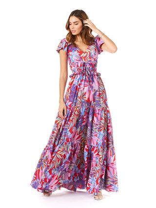 V-Neck Long Print Gown with Cap Sleeves - OUTLET - By Baano