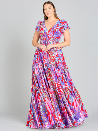 V-Neck Long Print Gown with Cap Sleeves - OUTLET - By Baano