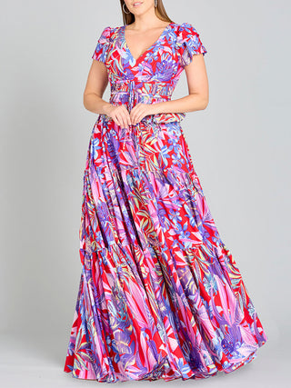 V-Neck Long Print Gown with Cap Sleeves - OUTLET - By Baano