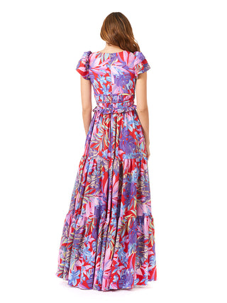 V-Neck Long Print Gown with Cap Sleeves - OUTLET - By Baano
