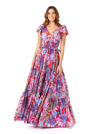 V-Neck Long Print Gown with Cap Sleeves - OUTLET - By Baano
