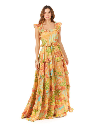 Ruffle Printed Gown with Straps OUTLET - By Baano