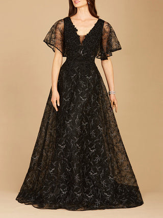 Cape Sleeve Beaded Gown in Black  - OUTLET - By Baano