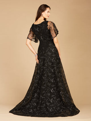 Cape Sleeve Beaded Gown in Black  - OUTLET - By Baano