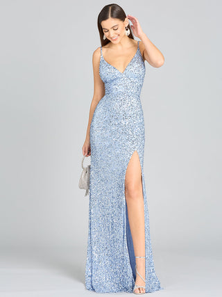 Beaded V Neck Dress with Slit