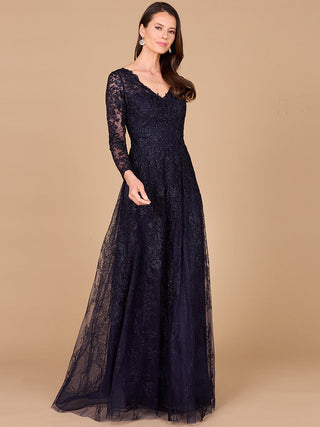 Long Sleeve V-Neck Lace Gown