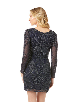 Long Sleeve V-Neck Beaded Cocktail Dress in Navy - By Baano
