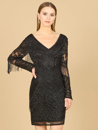 Long Sleeve Beaded V-Neck Fringe Cocktail Mini OUTLET