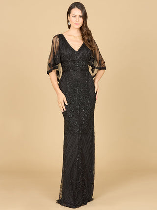 Cape Sleeve V-Neck Beaded Gown - By Baano