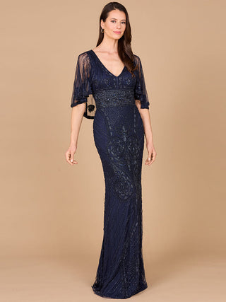 Cape Sleeve V-Neck Beaded Gown - By Baano