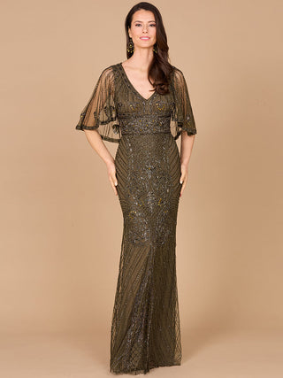 Cape Sleeve V-Neck Beaded Gown - By Baano