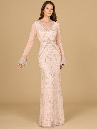 Long Bell Sleeve V-Neck Beaded Gown - By Baano