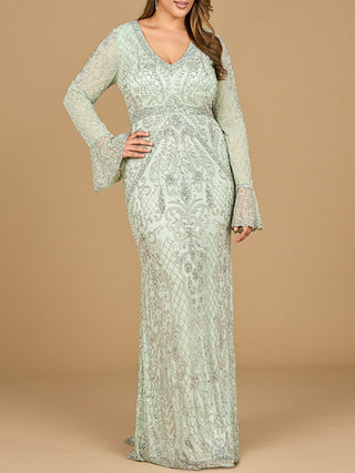 Long Bell Sleeve V-Neck Beaded Gown - By Baano
