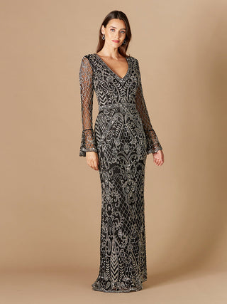 Long Bell Sleeve V-Neck Beaded Gown - By Baano