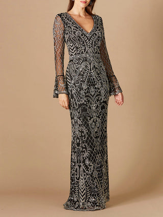Long Bell Sleeve V-Neck Beaded Gown - By Baano