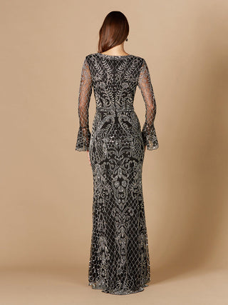 Long Bell Sleeve V-Neck Beaded Gown - By Baano