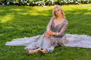 Long Sleeve Lace Gown with Overskirt