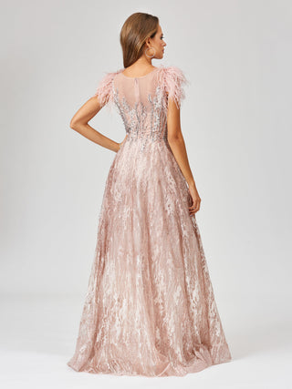 Lace ballgown with Feather Cap Sleeves