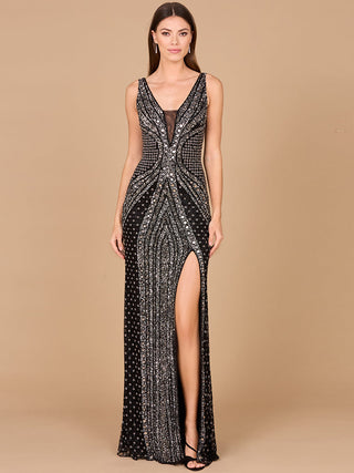 Lara 29499 - Embellished Long Dress with Thigh High Slit