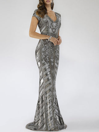Lara 29540 - Body Con Beaded Silver Petite Dress - By Baano