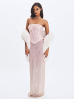 Tosca Beaded Blush Gradient Strapless Peplum Maxi Dress