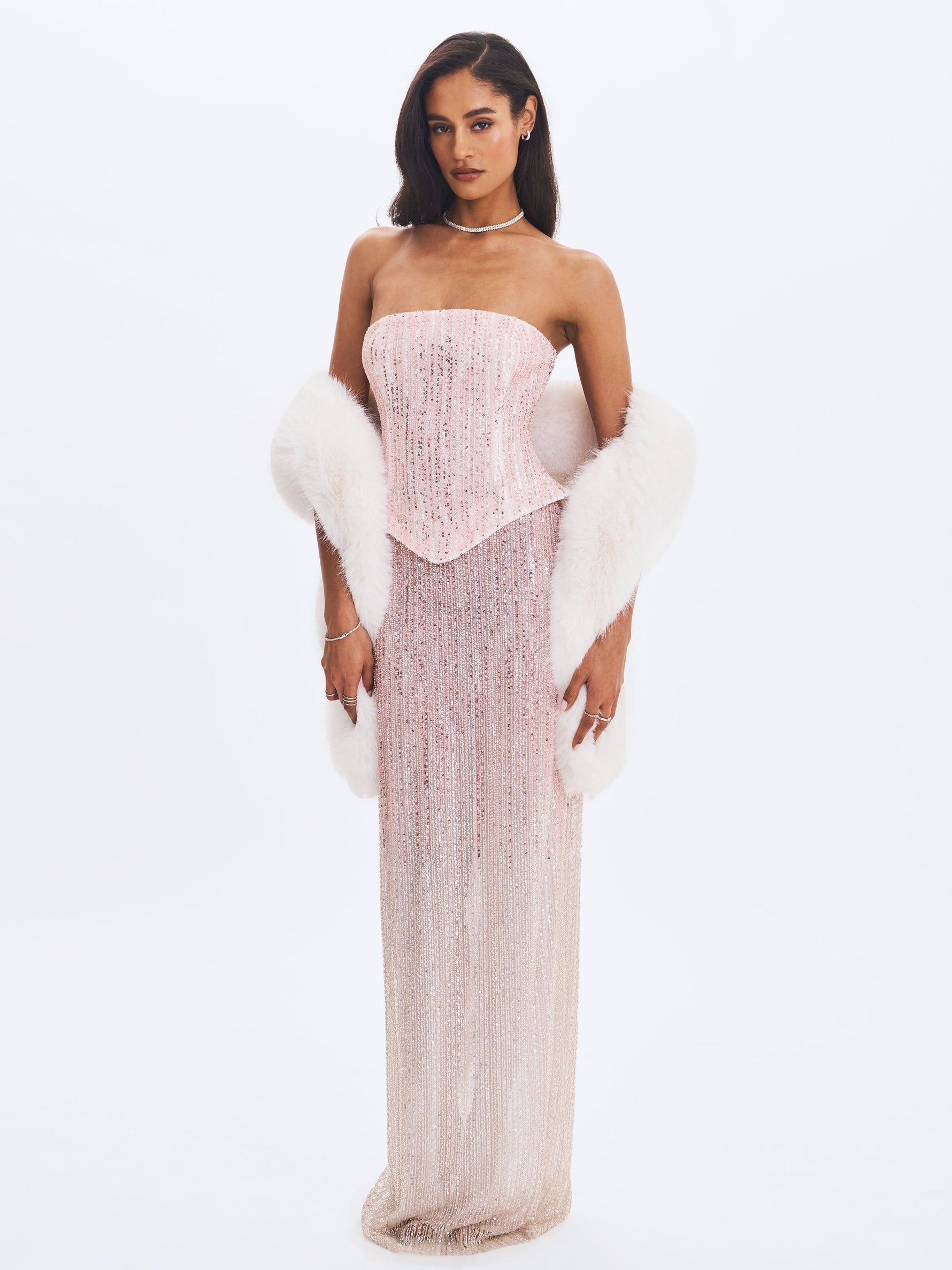 Tosca Beaded Blush Gradient Strapless Peplum Maxi Dress