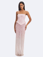 Tosca Beaded Blush Gradient Strapless Peplum Maxi Dress