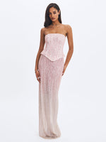Tosca Beaded Blush Gradient Strapless Peplum Maxi Dress