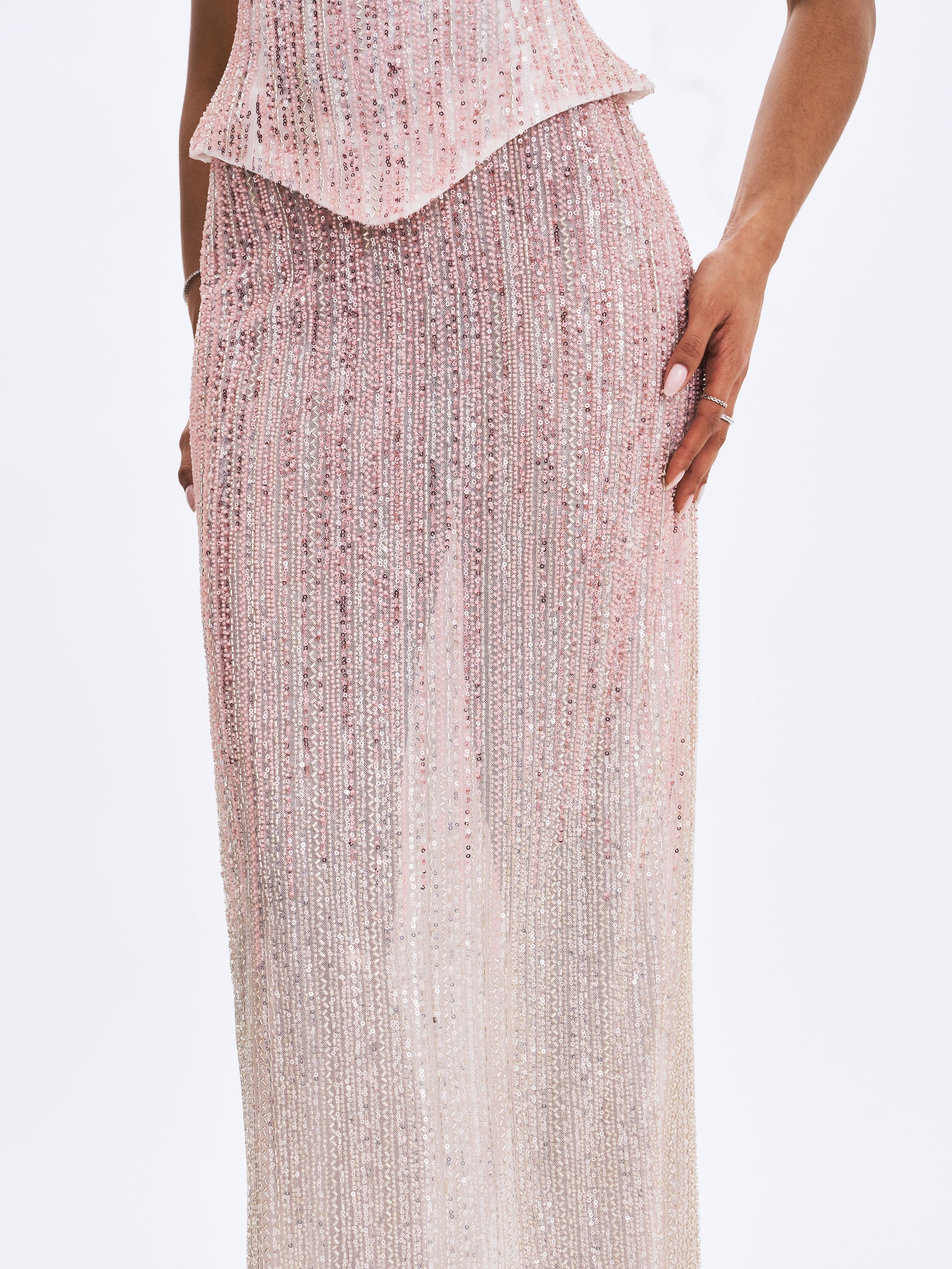 Tosca Beaded Blush Gradient Strapless Peplum Maxi Dress