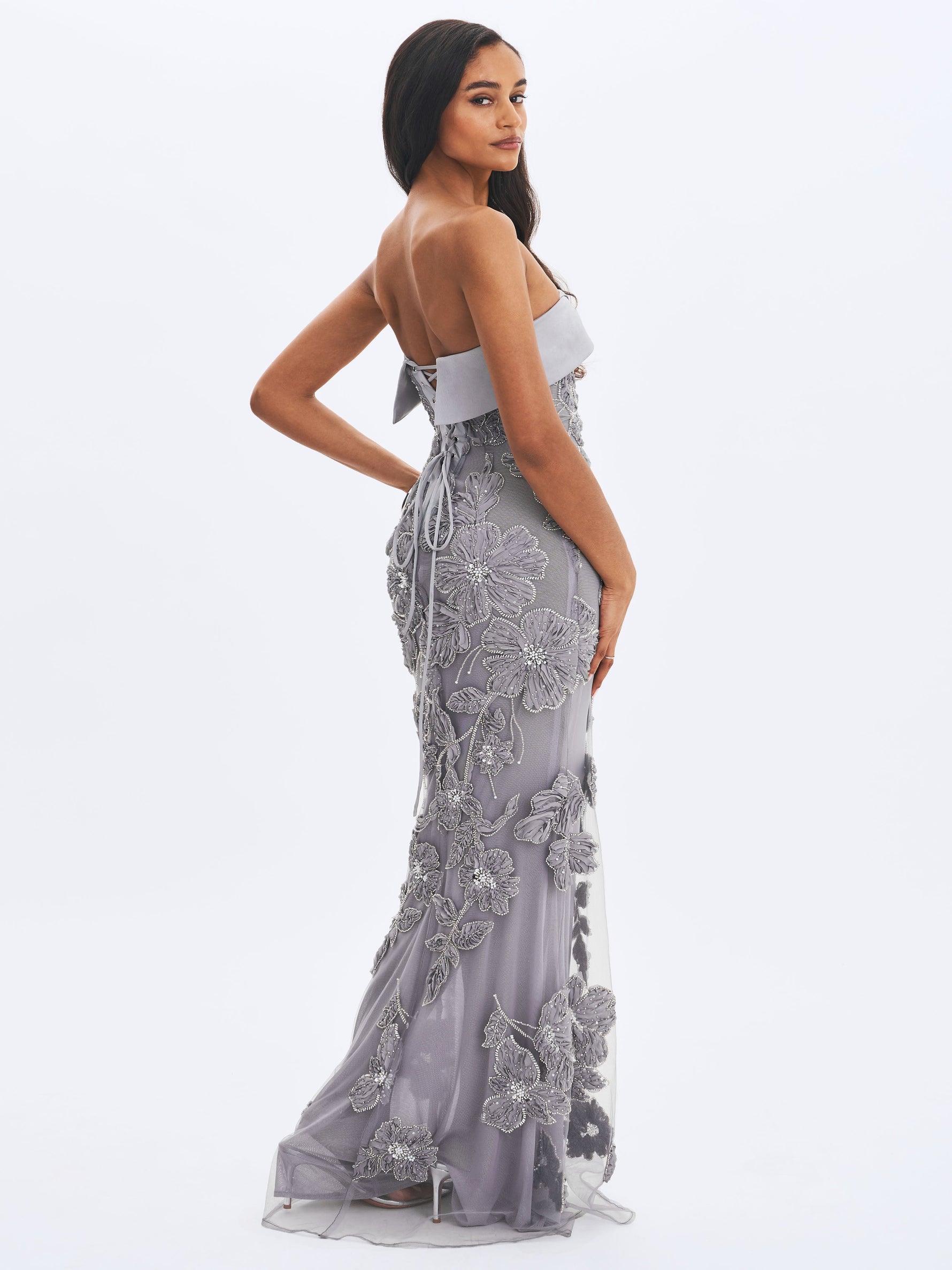 Raphaela Silver Beaded Floral Strapless Mermaid Maxi Dress