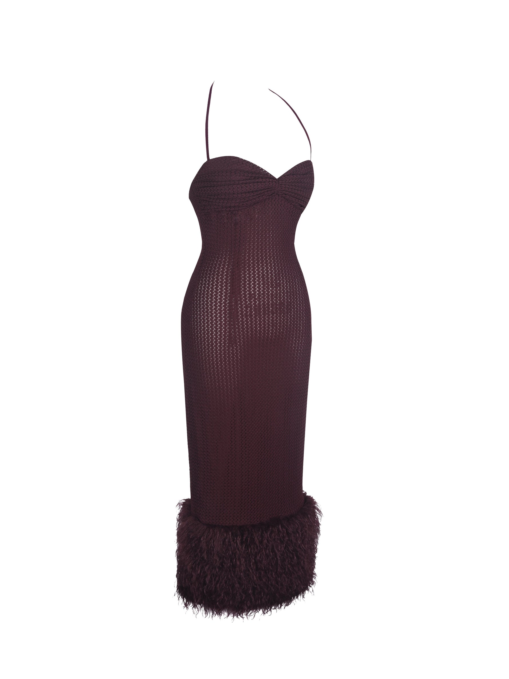 Pluma Maroon Halter Faux-Fur Trimmed Midi Dress Miss Circle