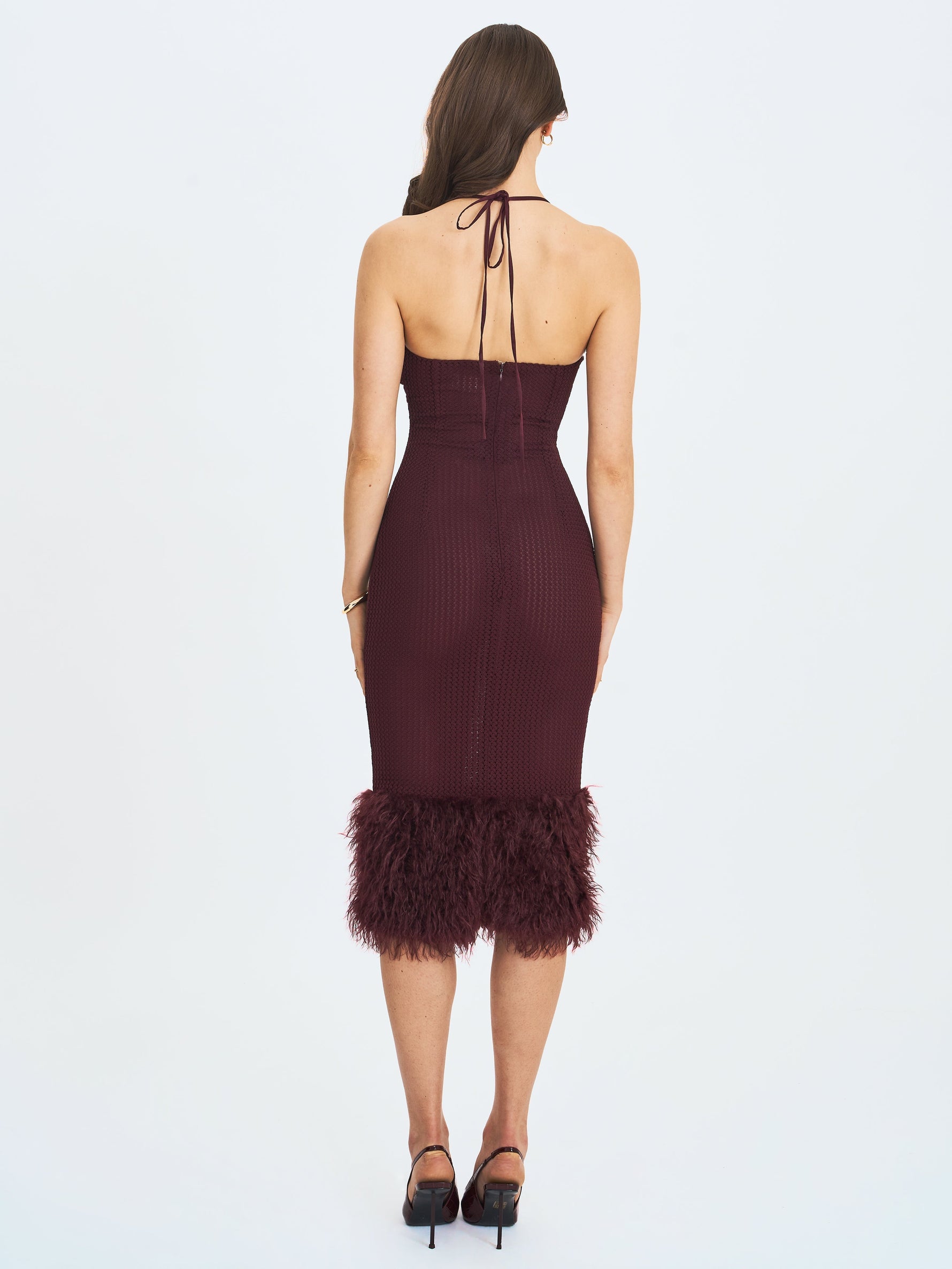 Pluma Maroon Halter Faux-Fur Trimmed Midi Dress Miss Circle