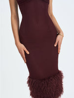 Pluma Maroon Halter Faux-Fur Trimmed Midi Dress Miss Circle