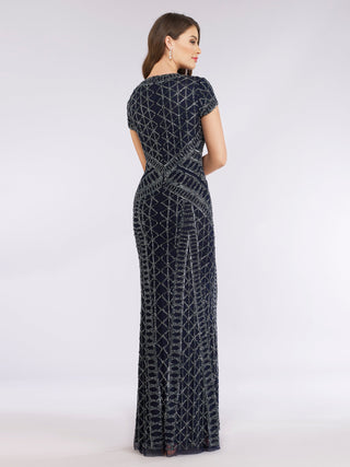 Lara 29746 - Beaded V-Neckline Dress with Cap Sleeves