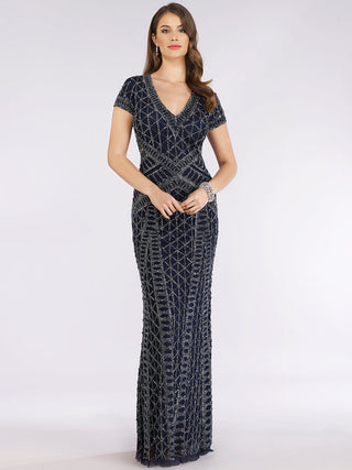 Lara 29746 - Beaded V-Neckline Dress with Cap Sleeves