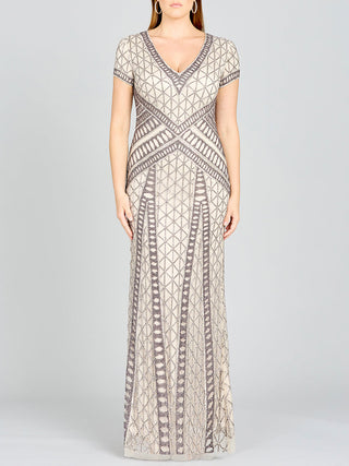 Lara 29746 - Beaded V-Neckline Dress with Cap Sleeves