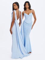 Eira Mist Blue Cowl Scarf-Detail Mermaid Maxi Dress