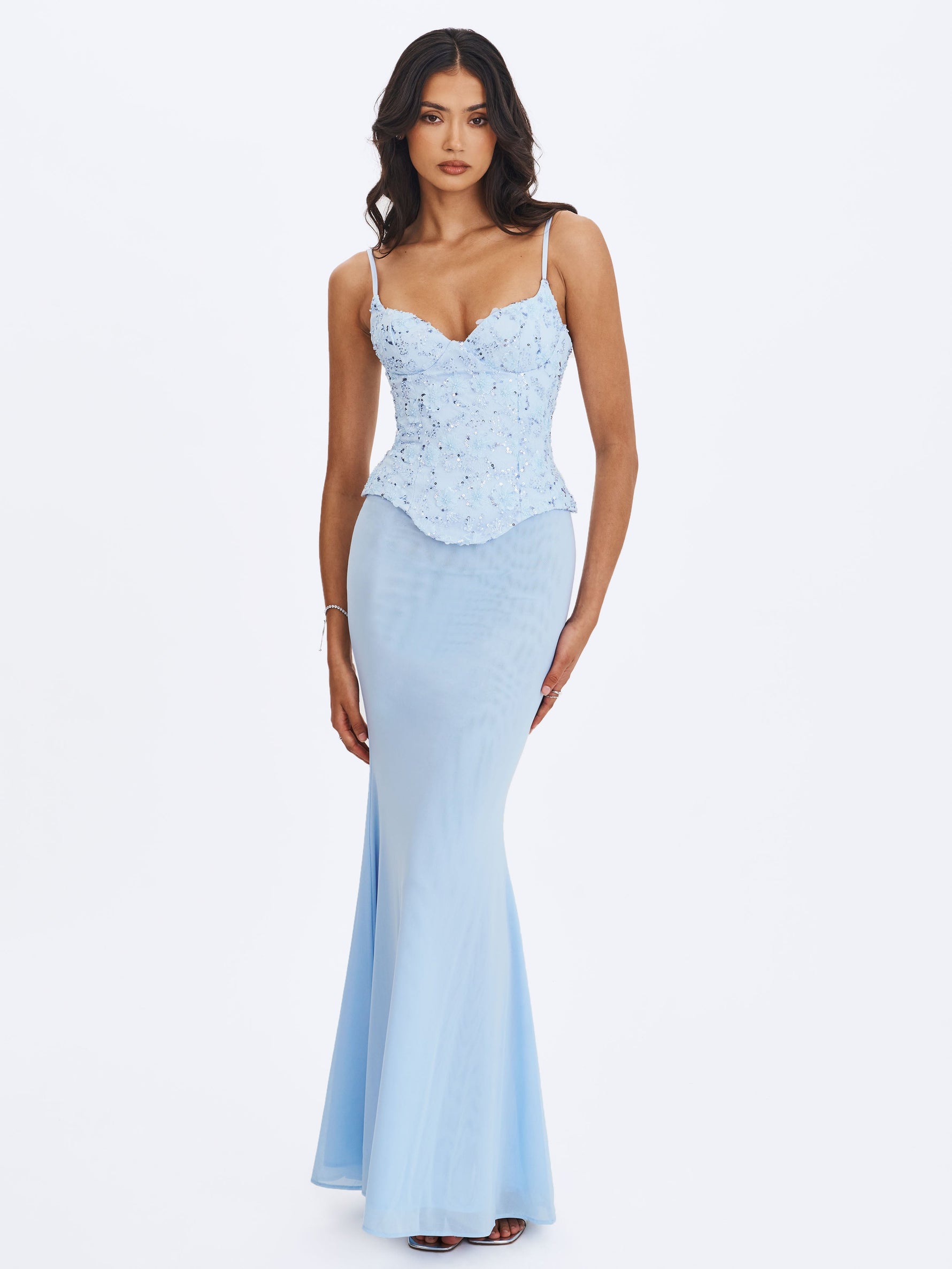 Aurielle Baby Blue Sweetheart Mermaid Peplum Maxi Dress