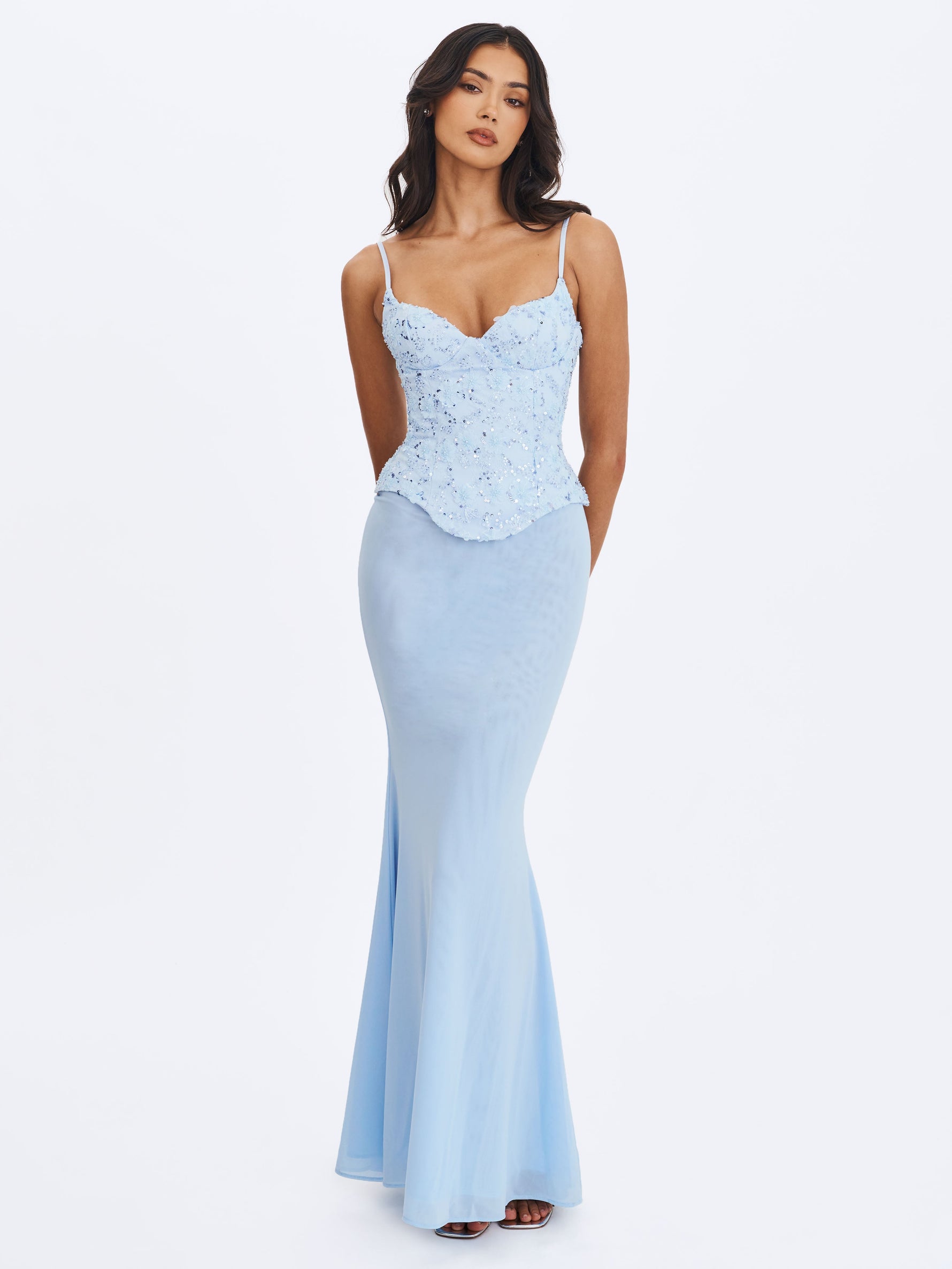 Aurielle Baby Blue Sweetheart Mermaid Peplum Maxi Dress