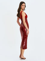 Shanelle Crimson Sequin Plunging Midi Dress Miss Circle