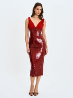 Shanelle Crimson Sequin Plunging Midi Dress Miss Circle