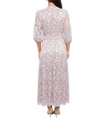 Marina Deep V-Neckline 3/4 Sleeves Ruched Waist Back Zipper Closure Metallic Floral A-Line Dress (Plus Size)