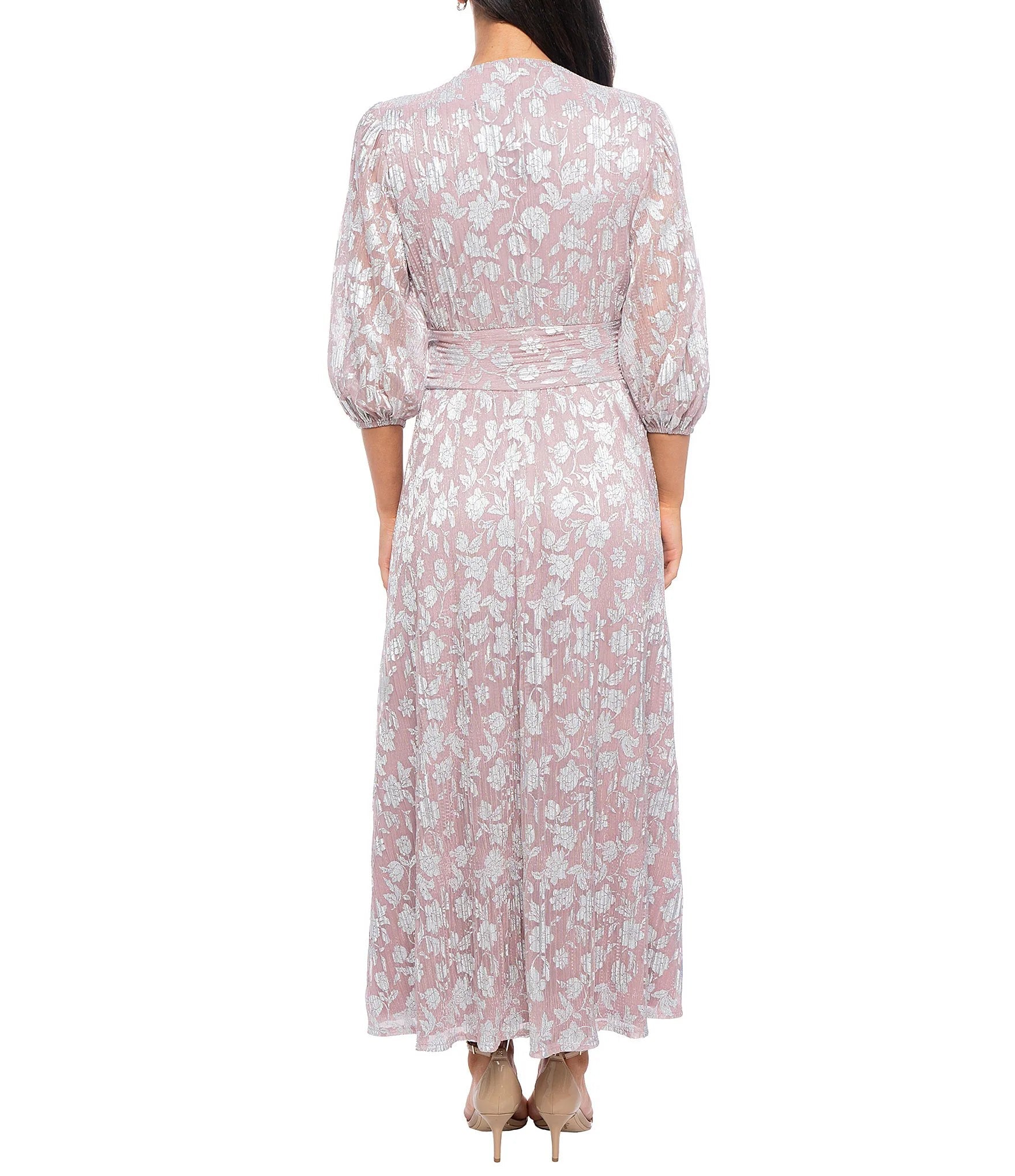 Marina Deep V-Neckline 3/4 Sleeves Ruched Waist Back Zipper Closure Metallic Floral A-Line Dress (Plus Size)