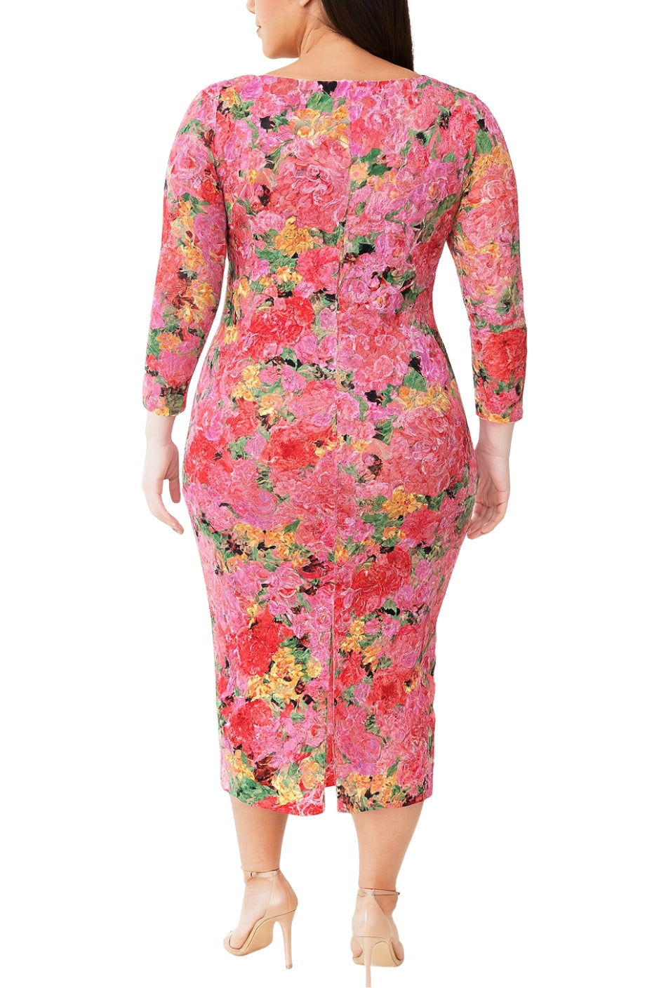 Marina Floral Lace Overlay Deep V-Neckline Long Sleeves Front Slit Fitted Pullover Midi Dress