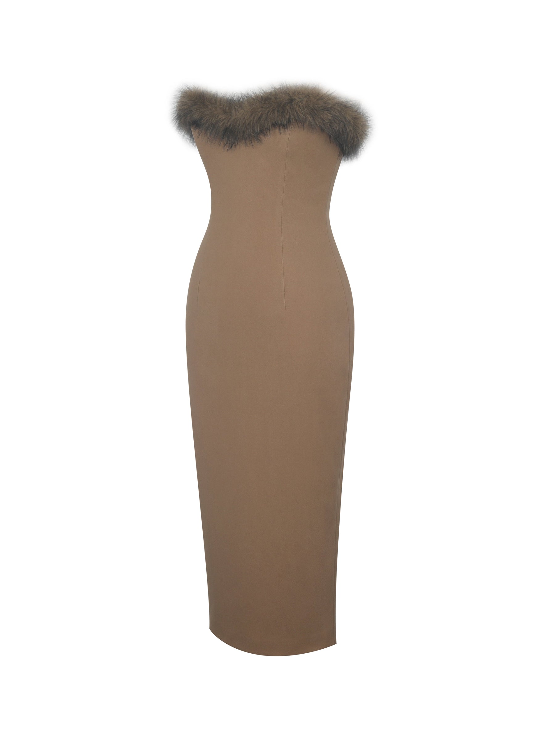 Rayanne Chestnut Strapless Fur-Trimmed Sweetheart Midi Dress