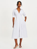 Palina Pinstripes Cotton Poplin Pleated Midi Preppy Shirt Dress Miss Circle