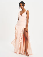 Talyssa Baby Pink Ruched Waist Double High Slit Maxi Gown (Archive Sale)