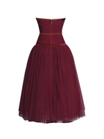 Mabel Burgundy Drop Waist Layered Mesh Midi Puffy Dress with Bow Miss Circle