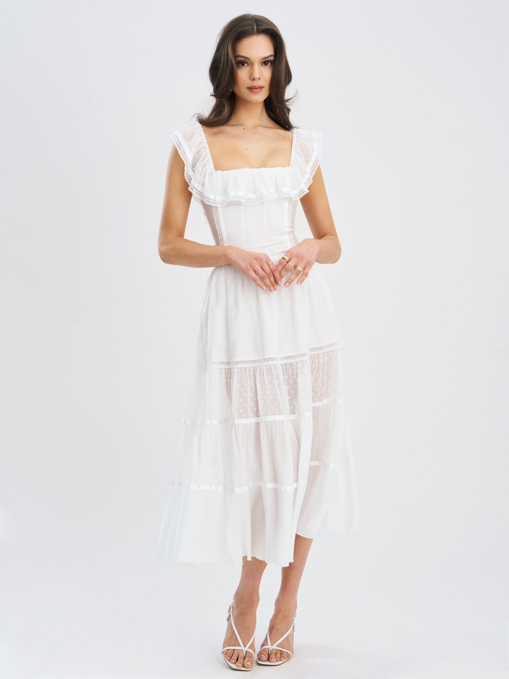 Eden Square Neck Ruffle Trim High Waist Midi Dress